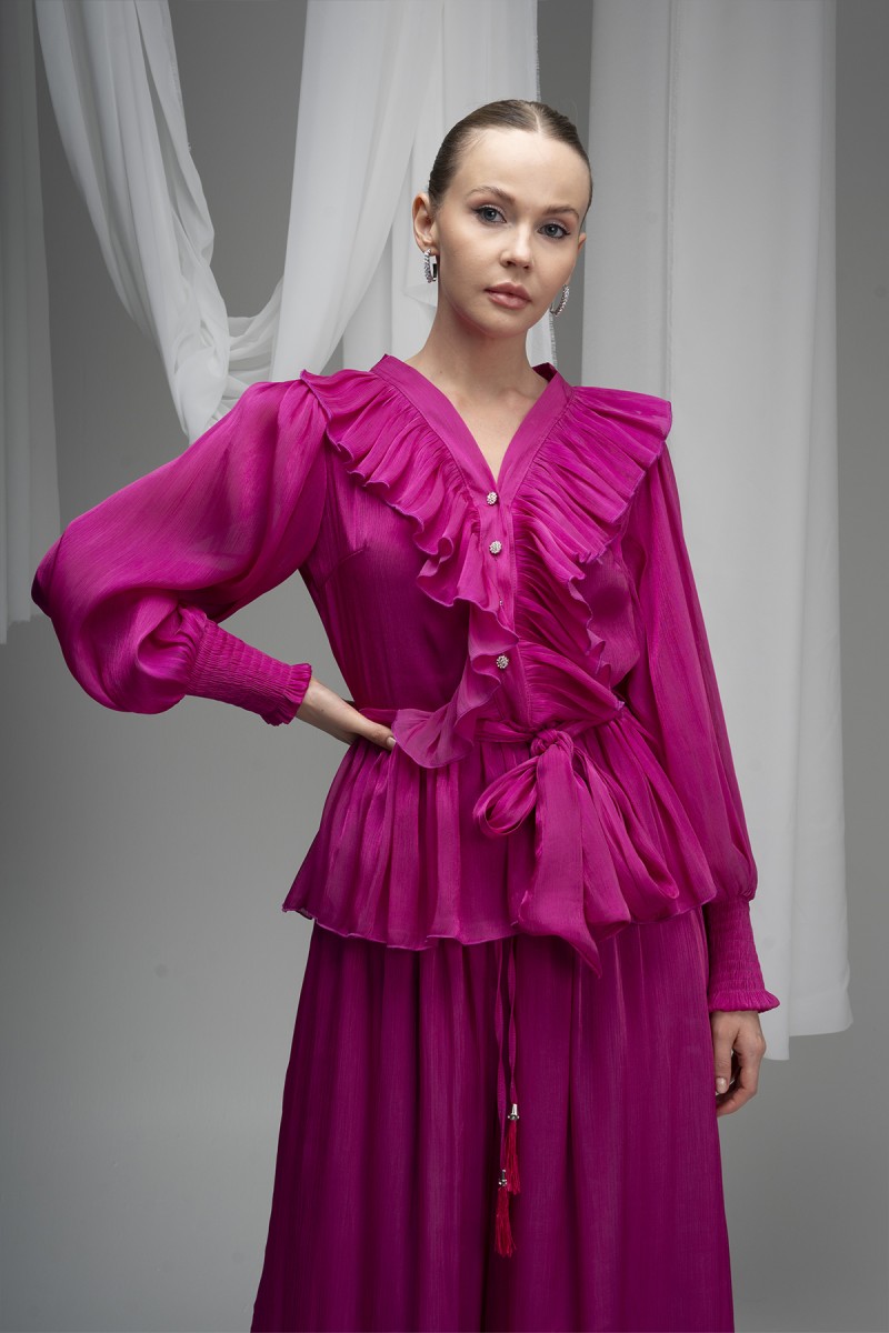 Deren Organza Blouse with Ruffles and Belt