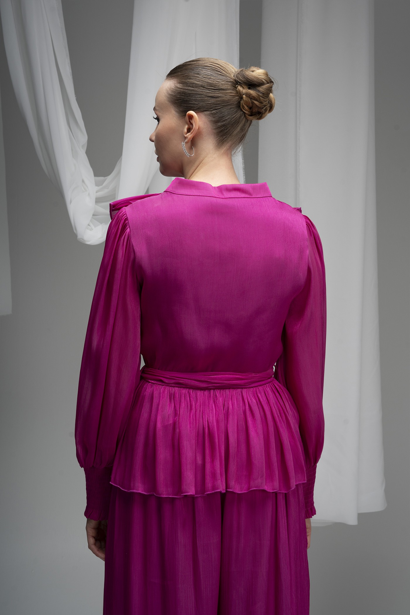Deren Organza Blouse with Ruffles and Belt