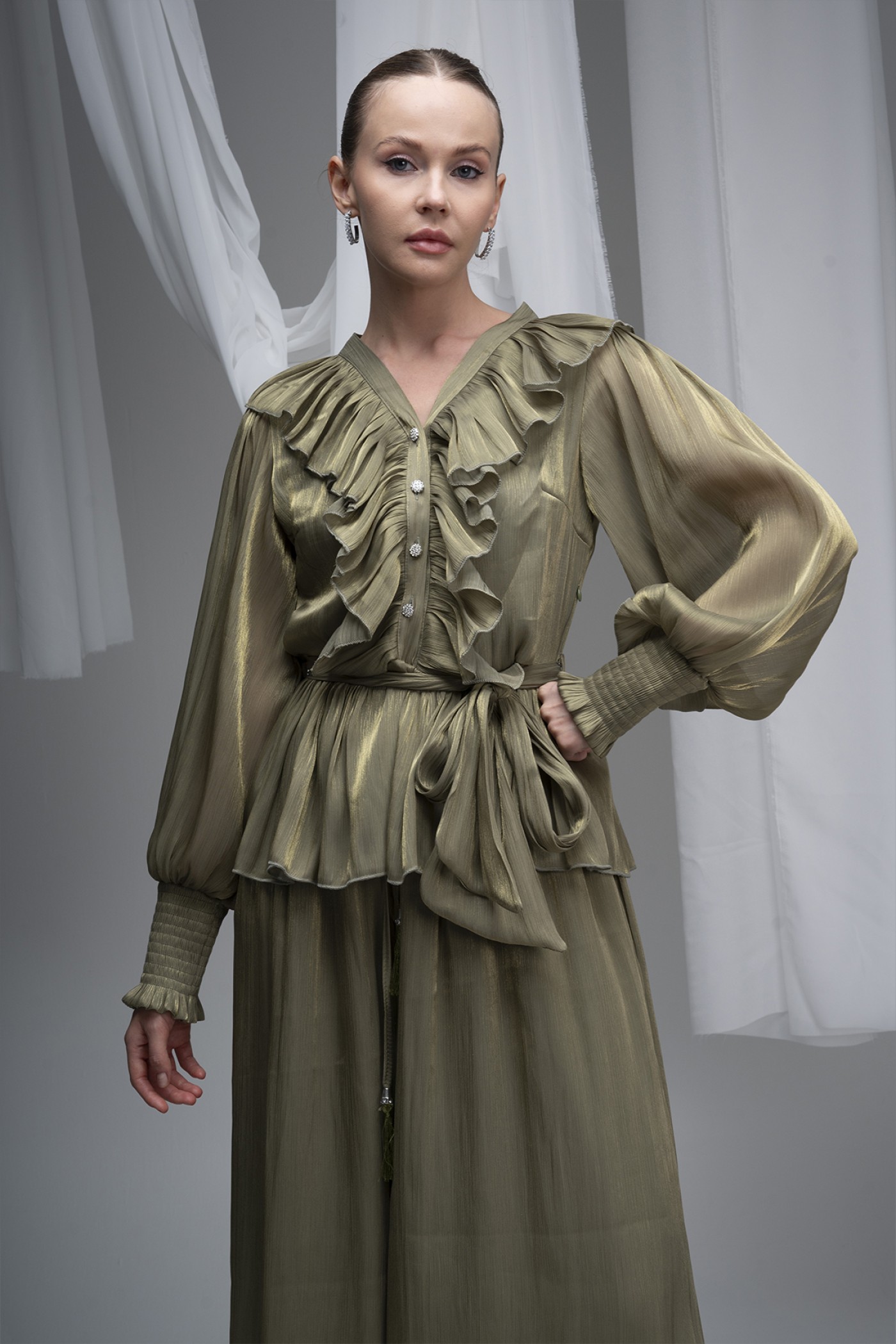 Deren Organza Blouse with Ruffles and Belt