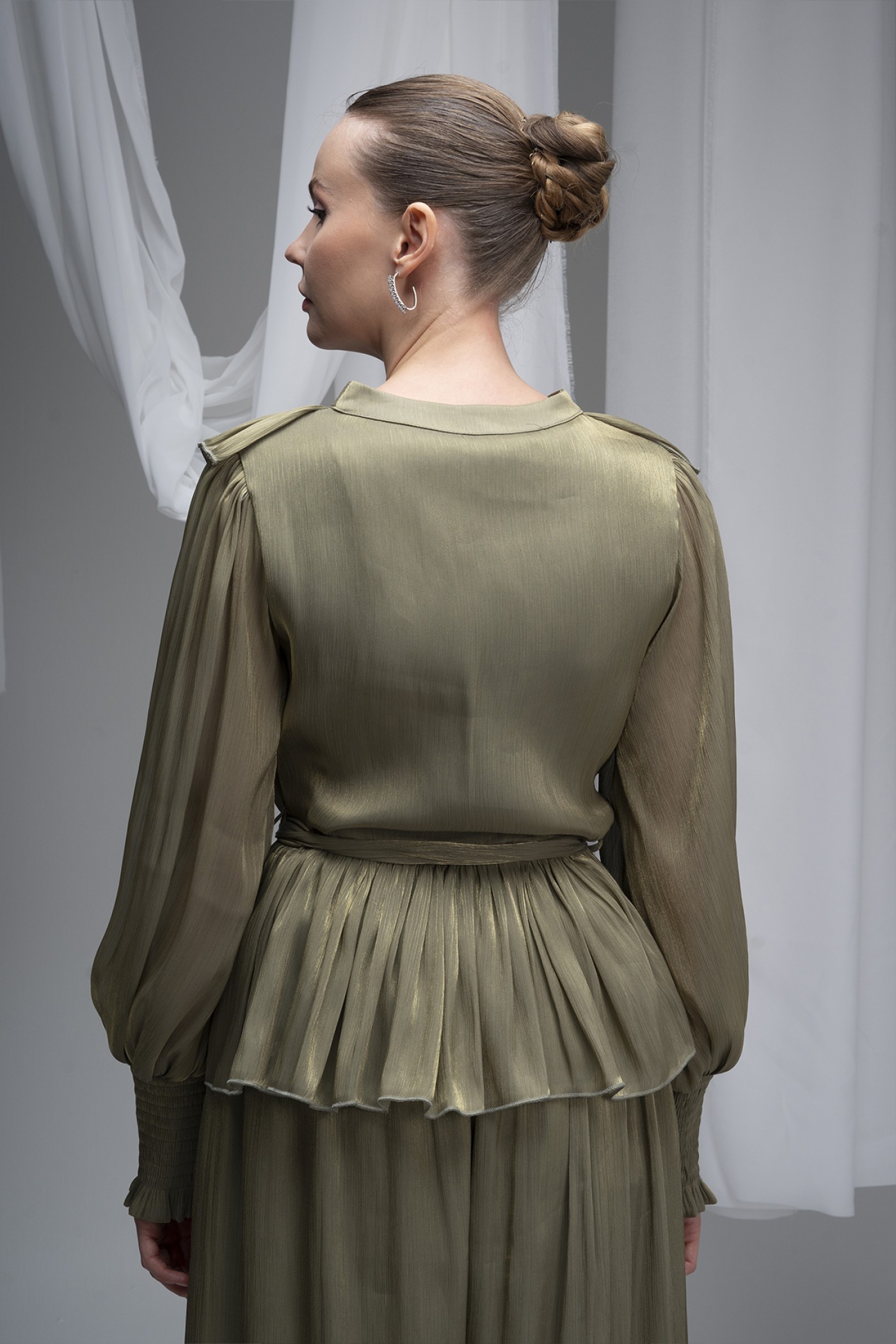 Deren Organza Blouse with Ruffles and Belt
