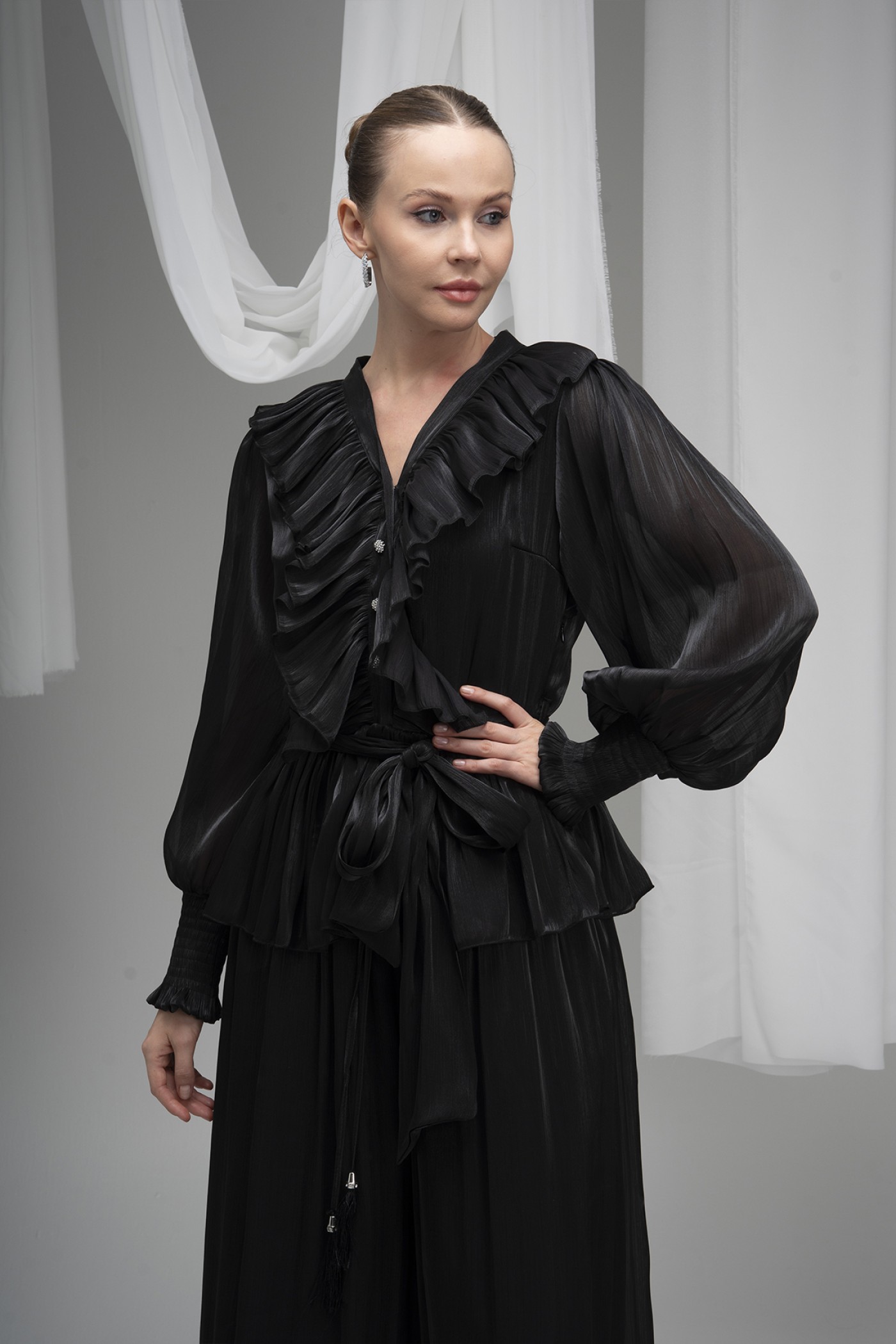 Plus Size Belted Buttoned Deren Fabric Blouse