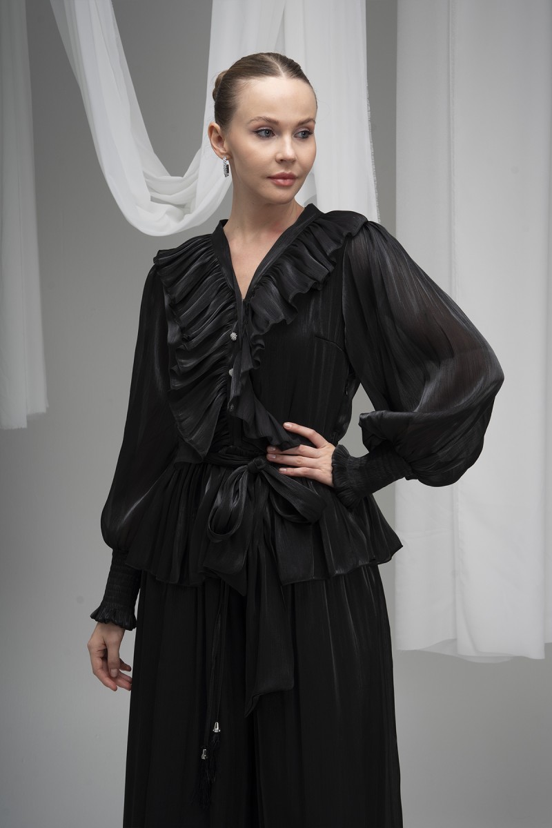 Plus Size Belted Buttoned Deren Fabric Blouse