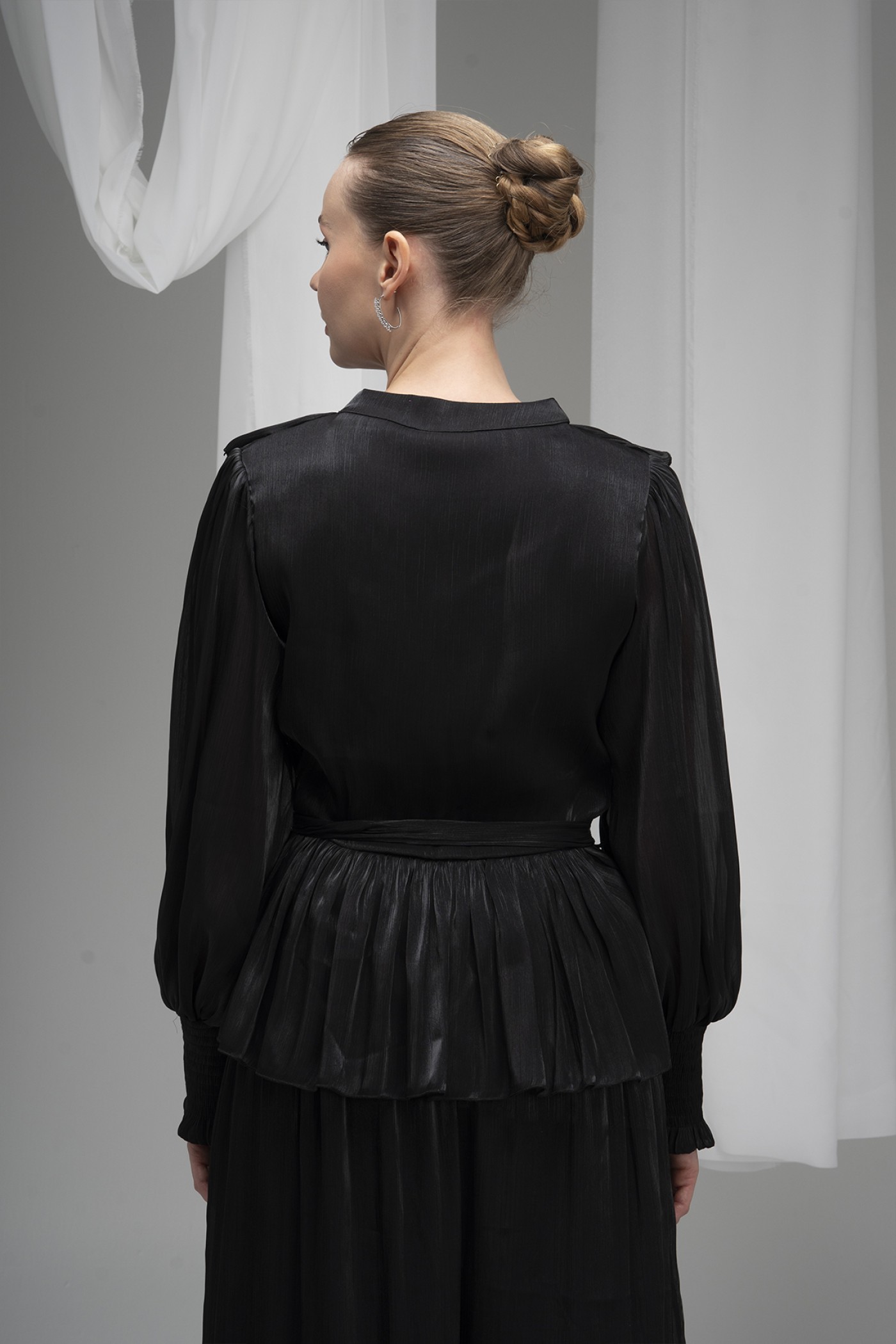 Plus Size Belted Buttoned Deren Fabric Blouse