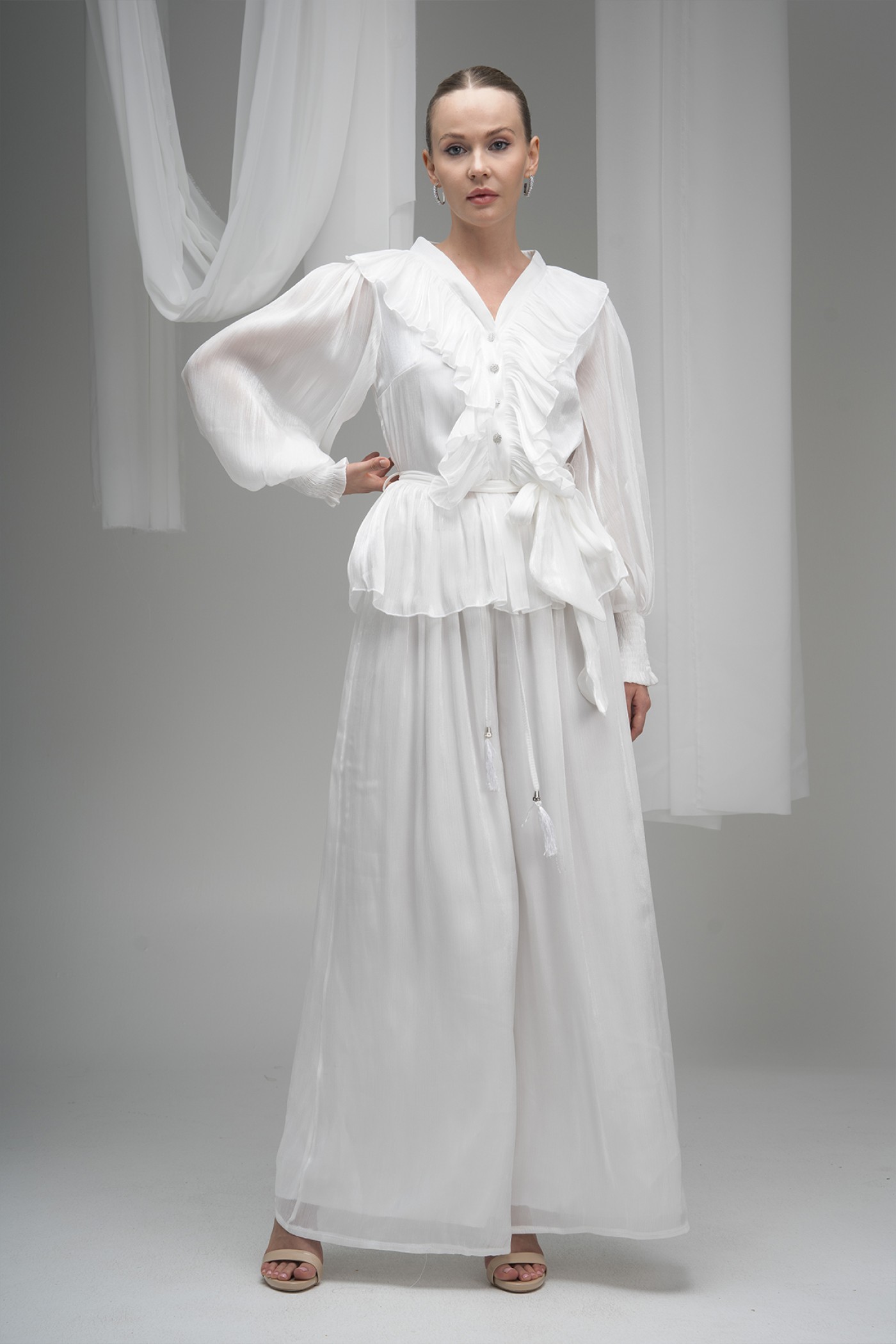 Plus Size Belted Buttoned Deren Fabric Blouse
