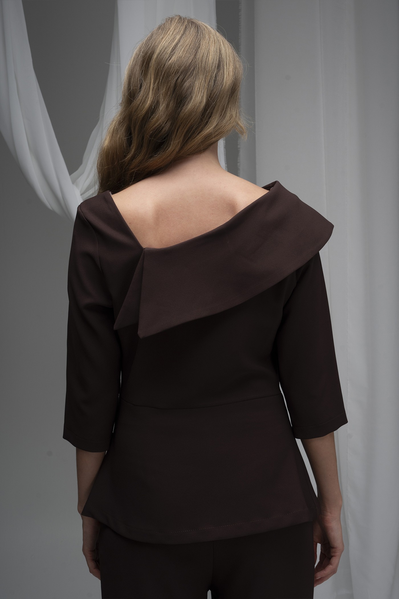 One-Shoulder Atlas Blouse with Pearl Bow Details