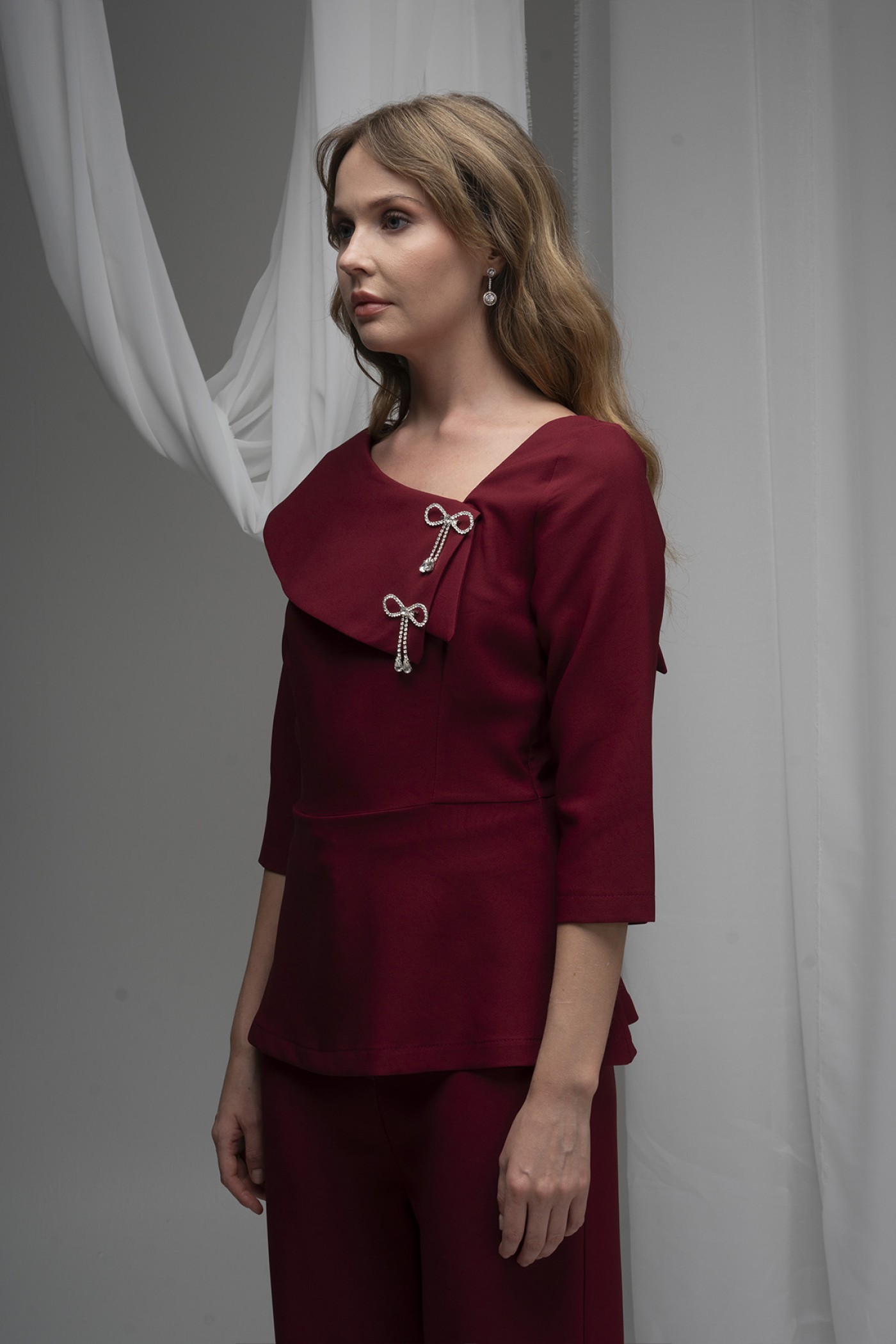One-Shoulder Atlas Blouse with Pearl Bow Details