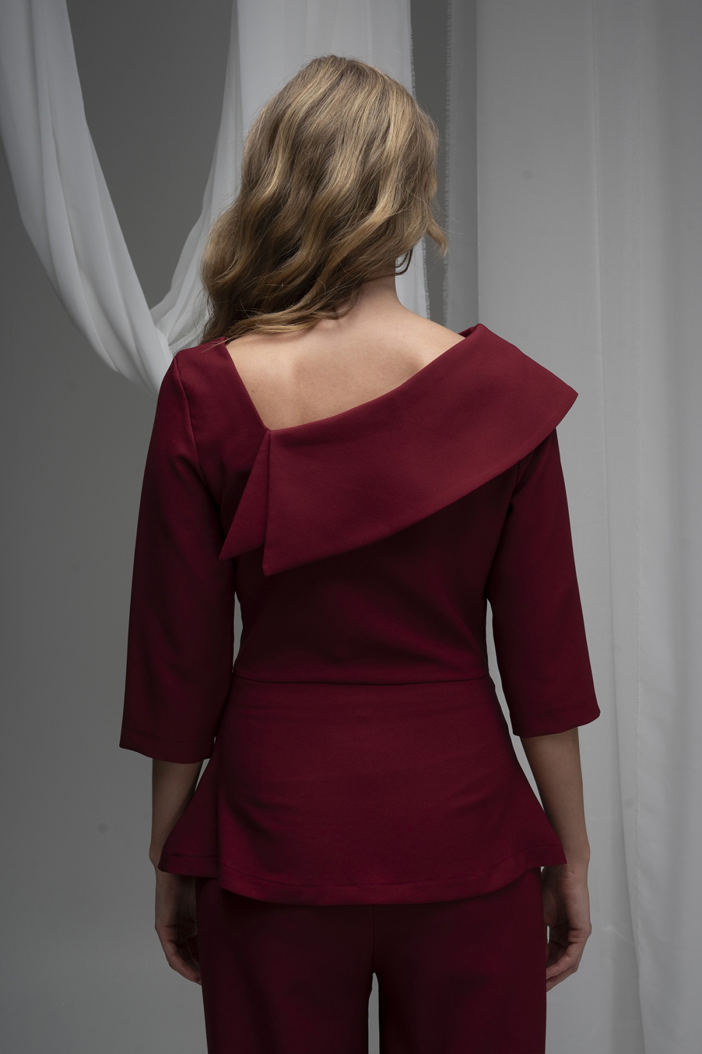 One-Shoulder Atlas Blouse with Pearl Bow Details
