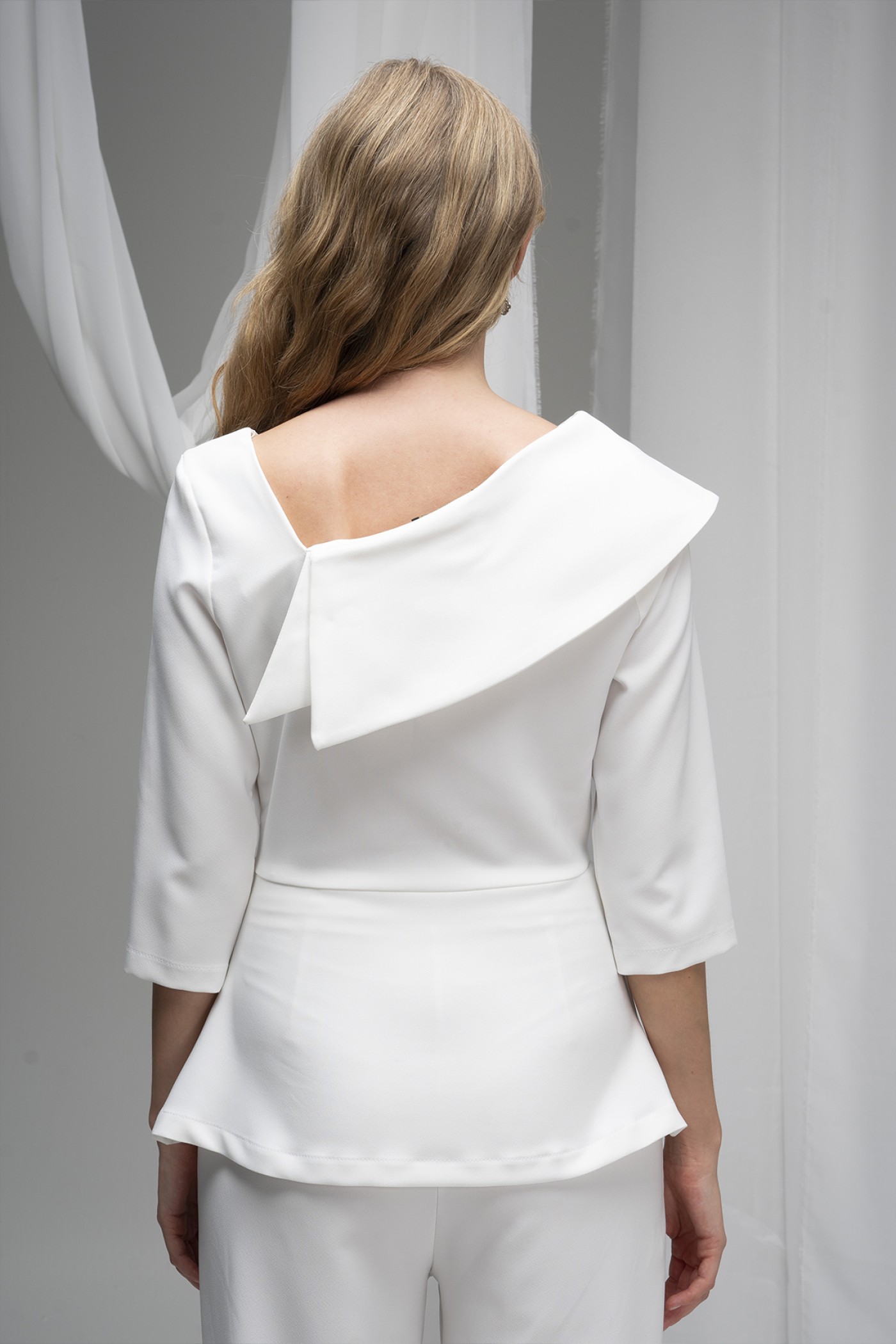 One-Shoulder Atlas Blouse with Pearl Bow Details