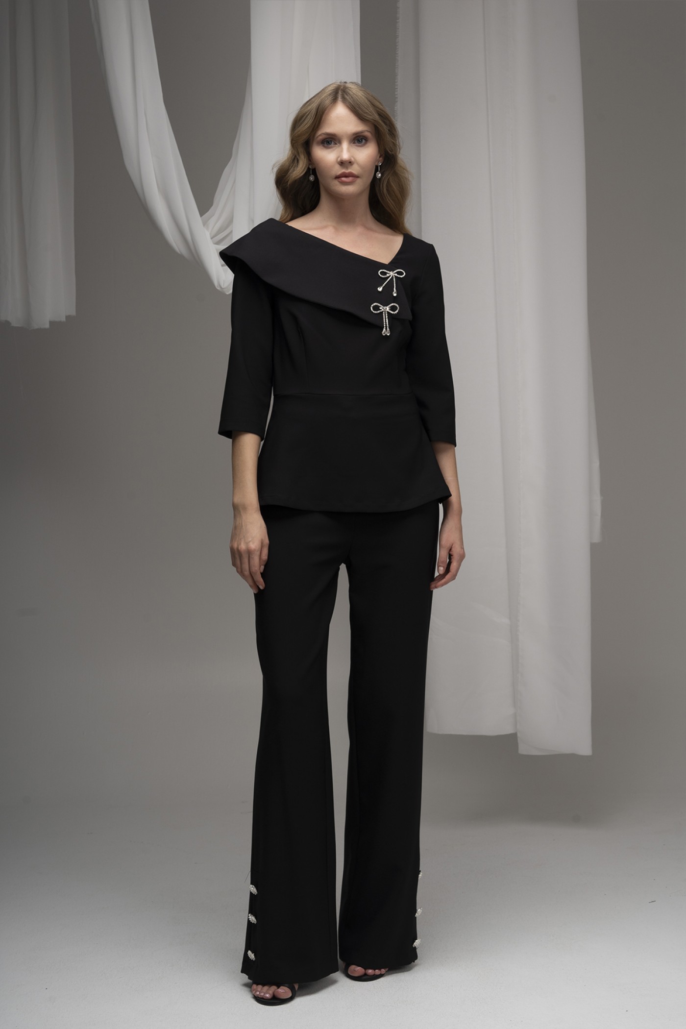 One-Shoulder Atlas Blouse with Pearl Bow Details