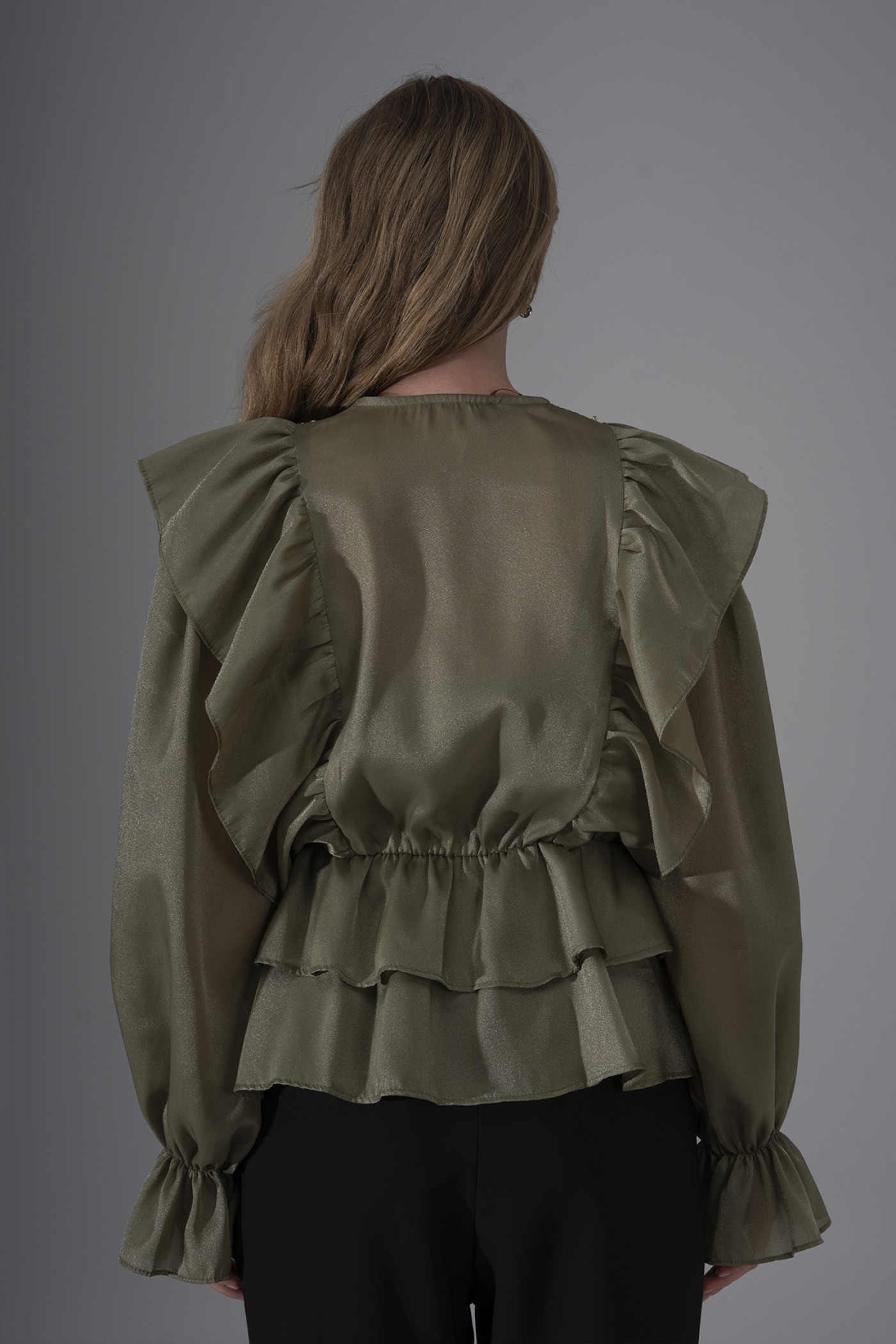 Ruffled Pearl Organza Blouse with Stone Trim