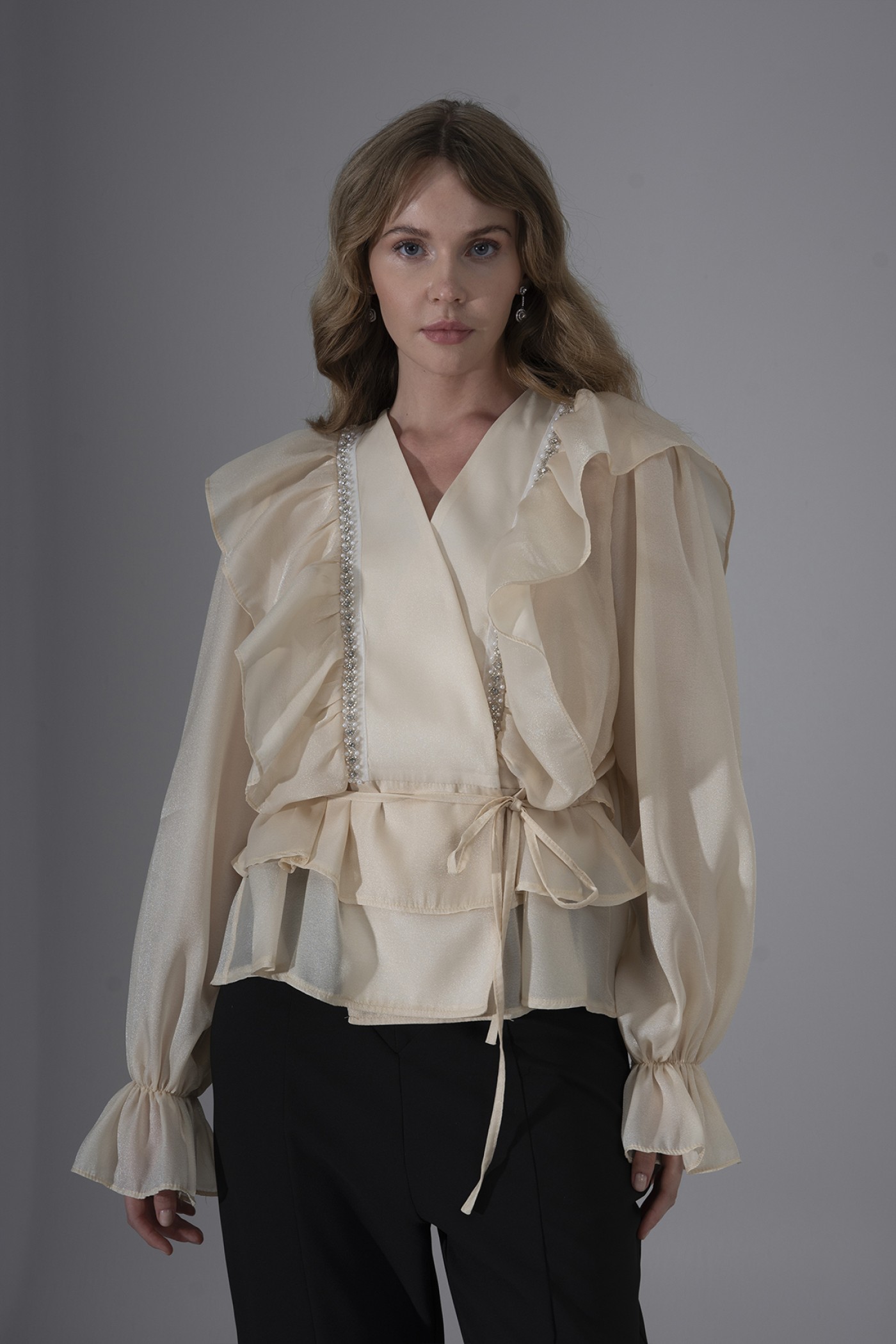 Ruffled Pearl Organza Blouse with Stone Trim