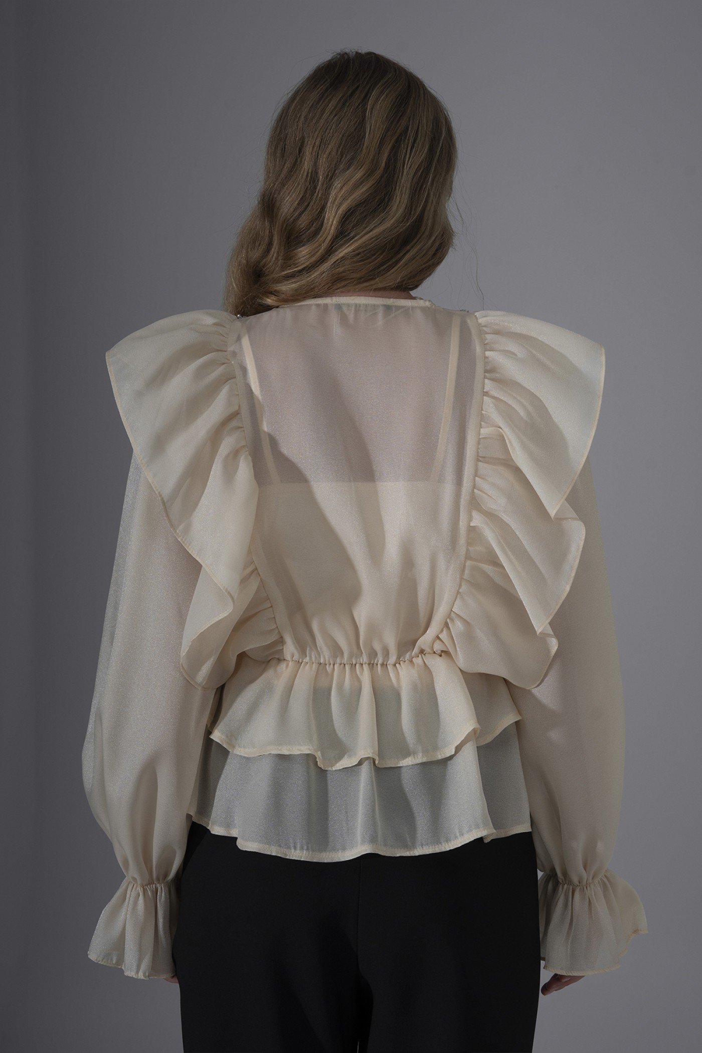 Ruffled Pearl Organza Blouse with Stone Trim
