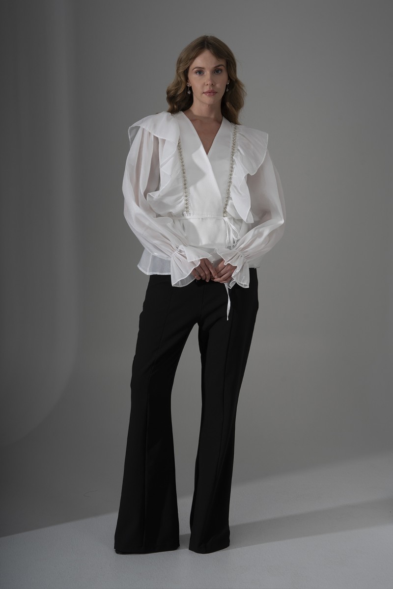 Ruffled Pearl Organza Blouse with Stone Trim