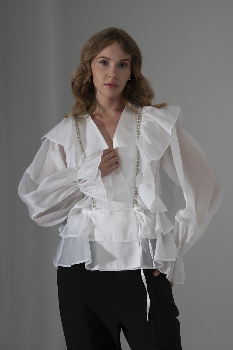 Ruffled Pearl Organza Blouse with Stone Trim Ruffled Pearl Organza Blouse with Stone Trim