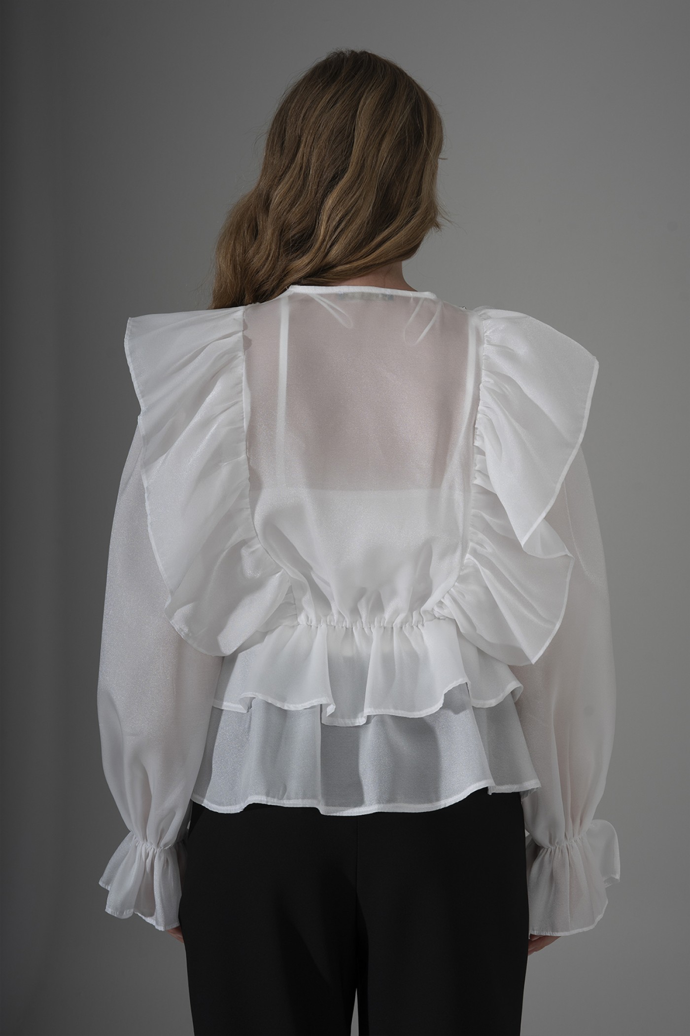 Ruffled Pearl Organza Blouse with Stone Trim