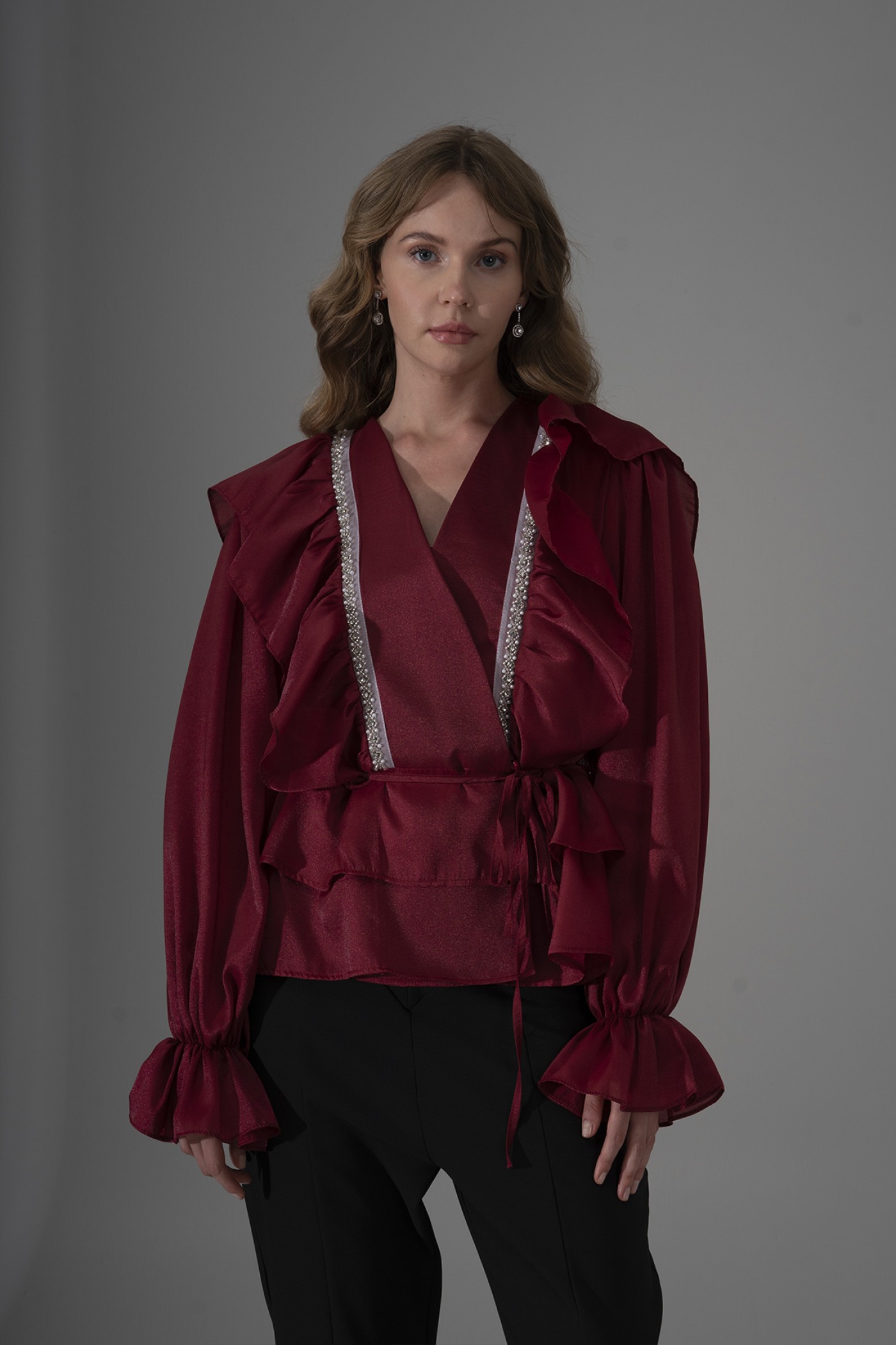 Ruffled Pearl Organza Blouse with Stone Trim