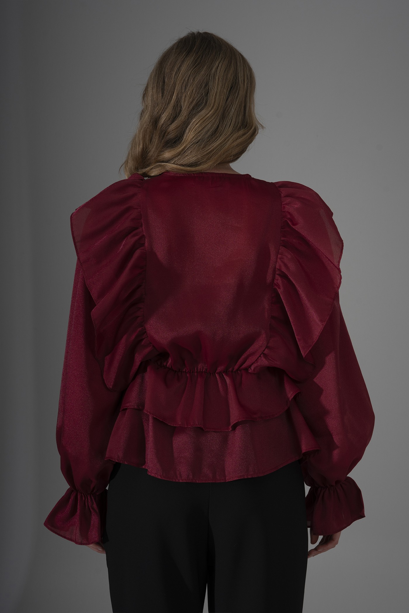 Ruffled Pearl Organza Blouse with Stone Trim