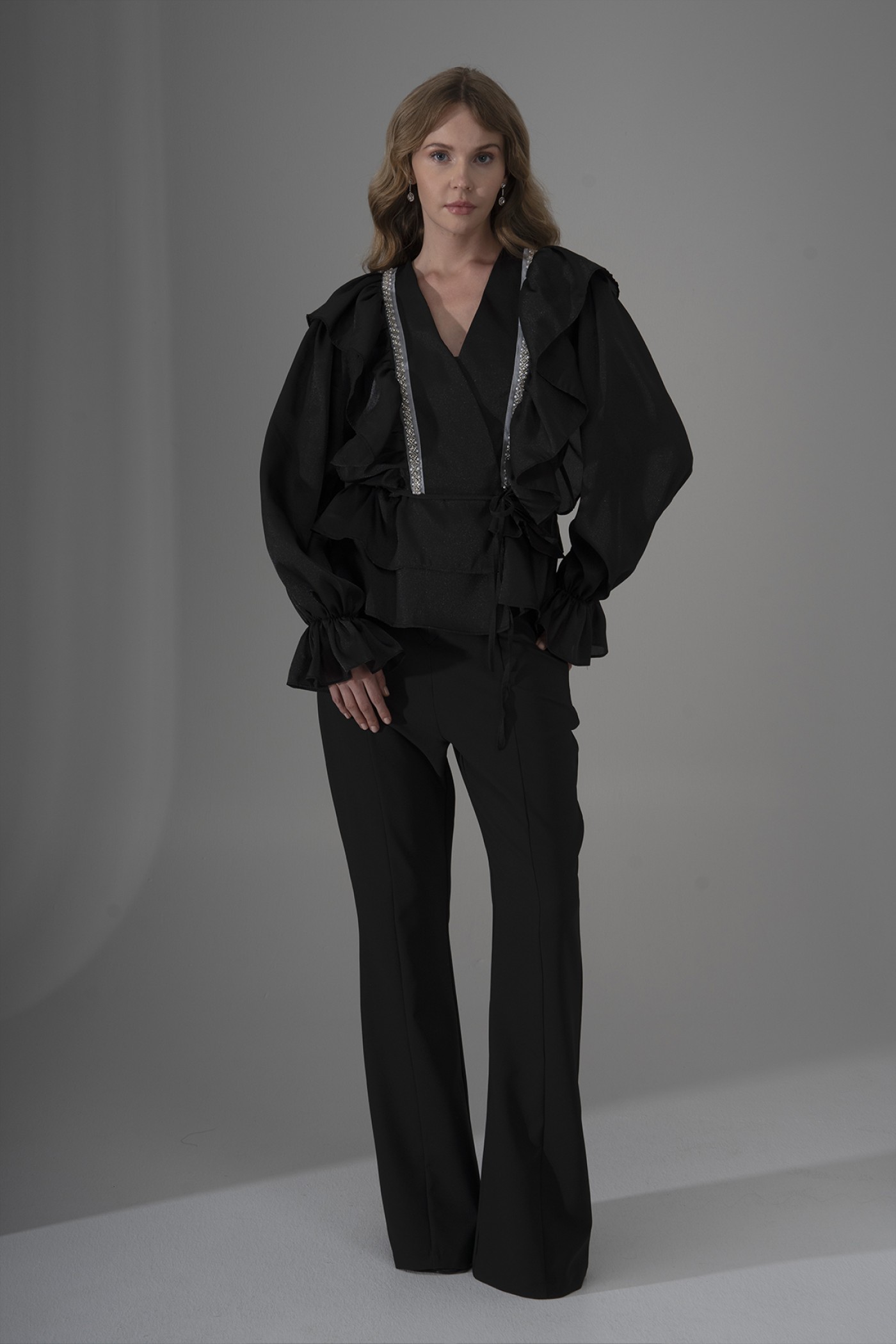Ruffled Pearl Organza Blouse with Stone Trim