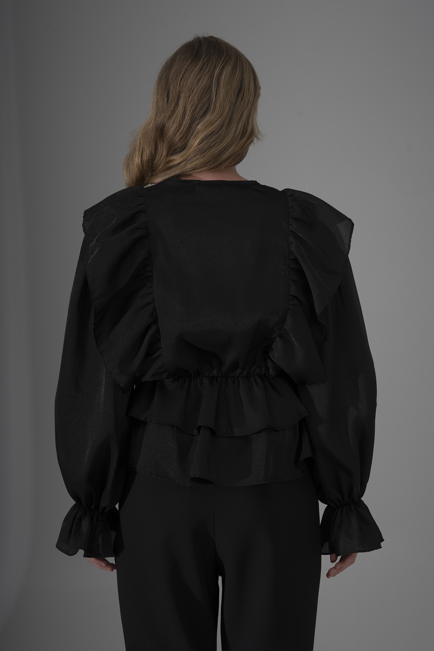 Ruffled Pearl Organza Blouse with Stone Trim