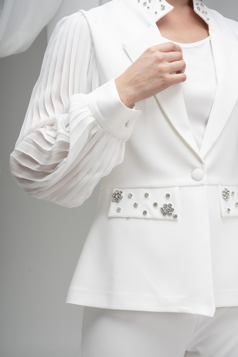 Stone Embellished Atlas Fabric Blazer Stone Embellished Atlas Fabric Blazer