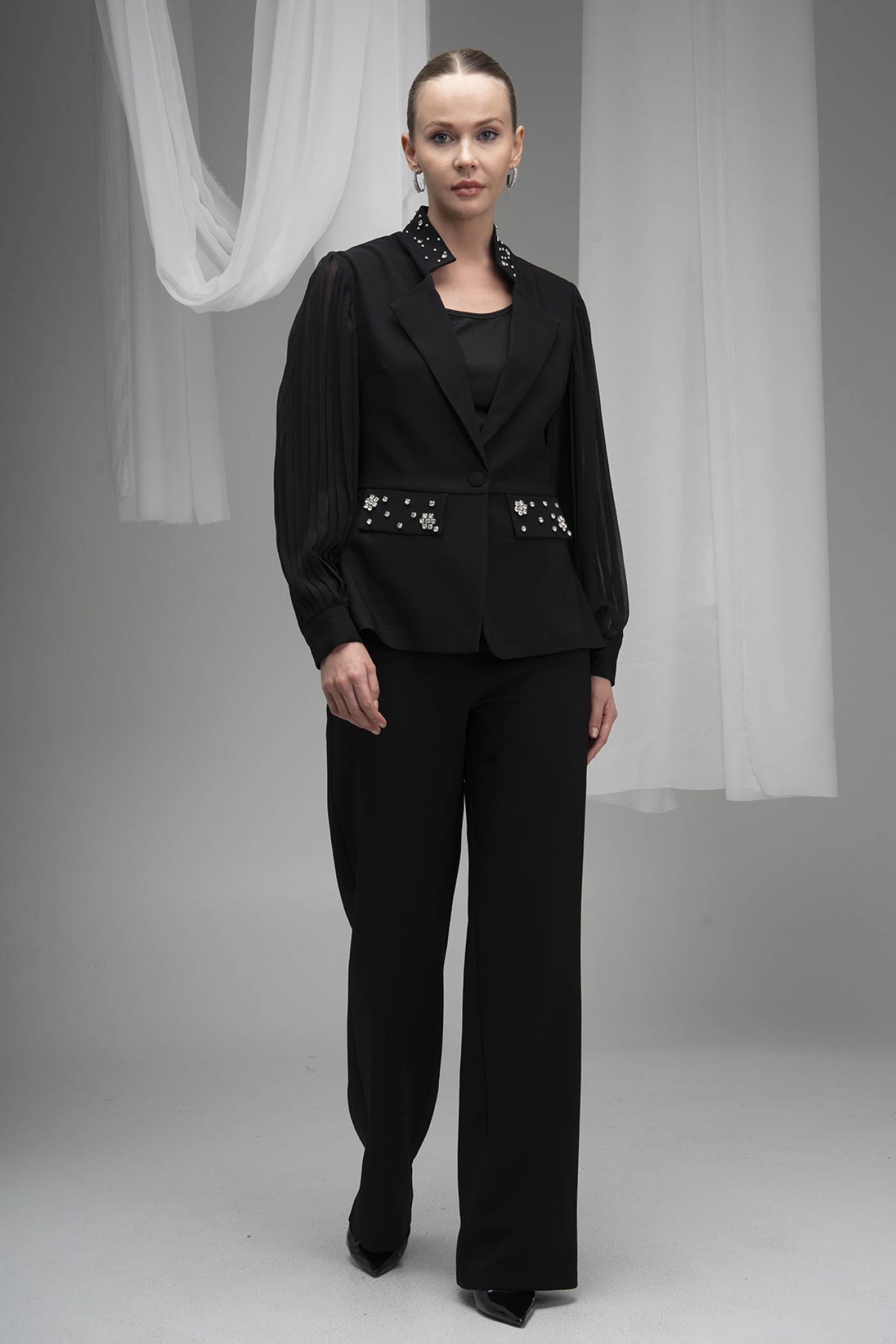 Stone Embellished Atlas Fabric Blazer
