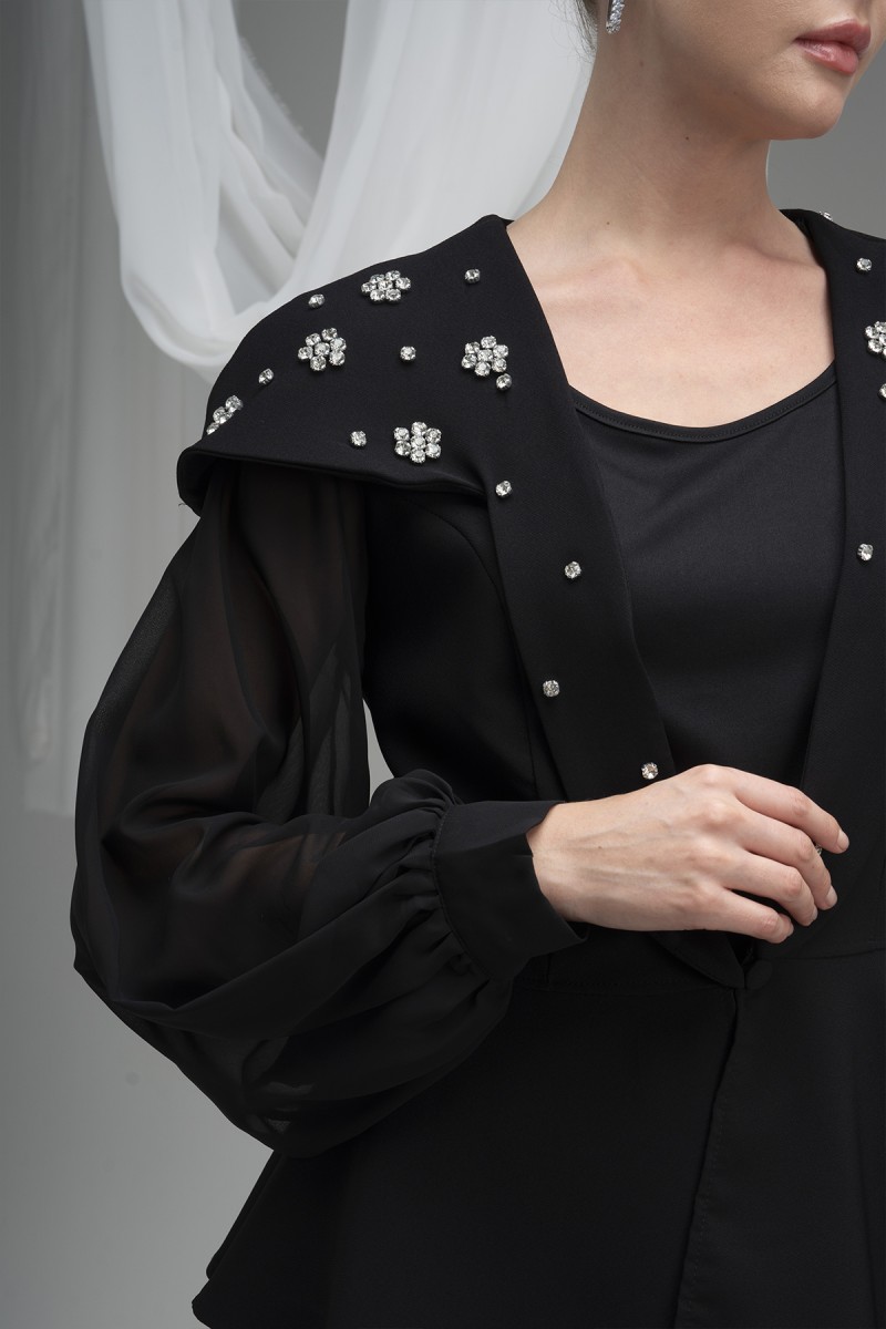 Stone Embellished Atlas Fabric Blazer Stone Embellished Atlas Fabric Blazer