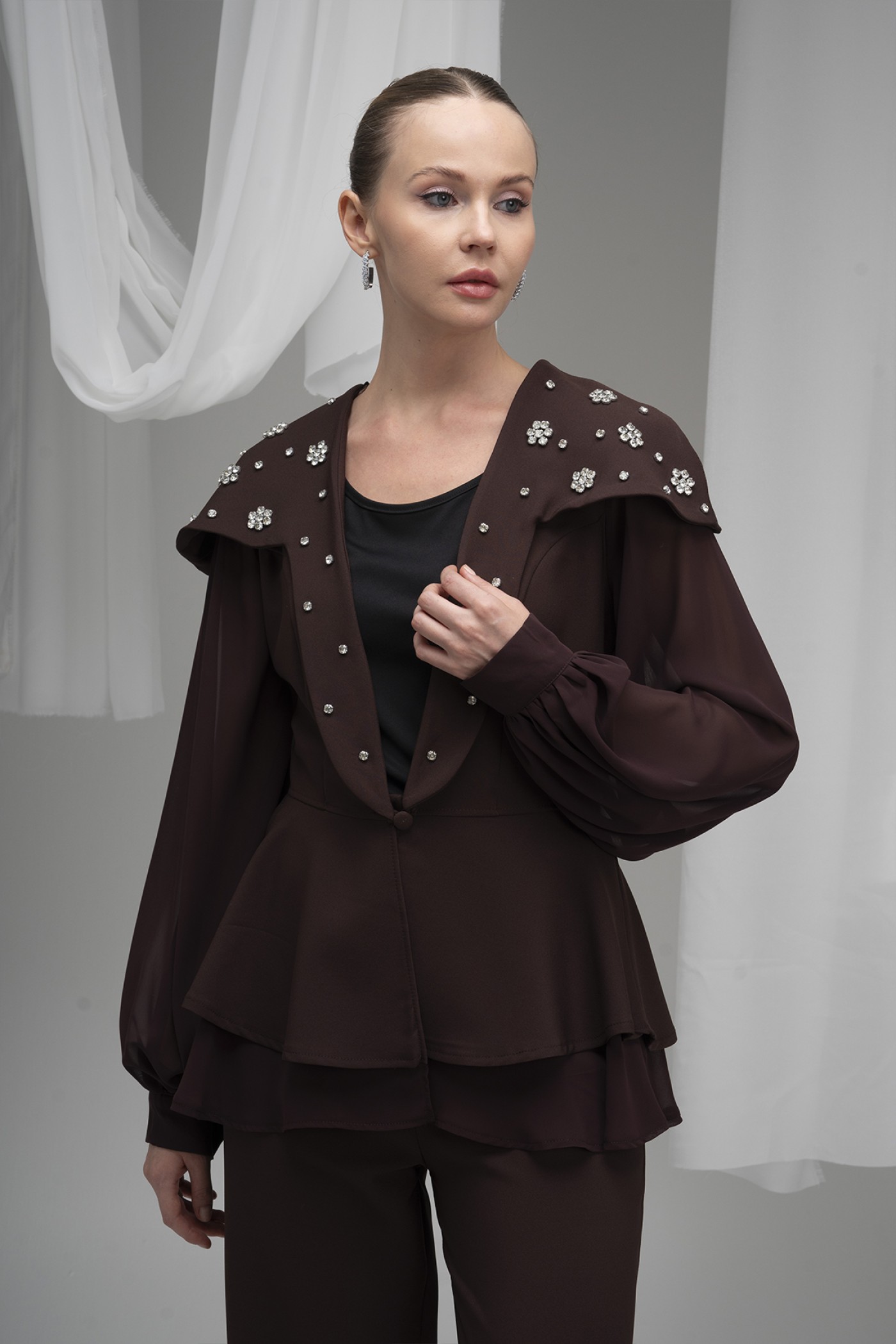 Stone Embellished Atlas Fabric Blazer