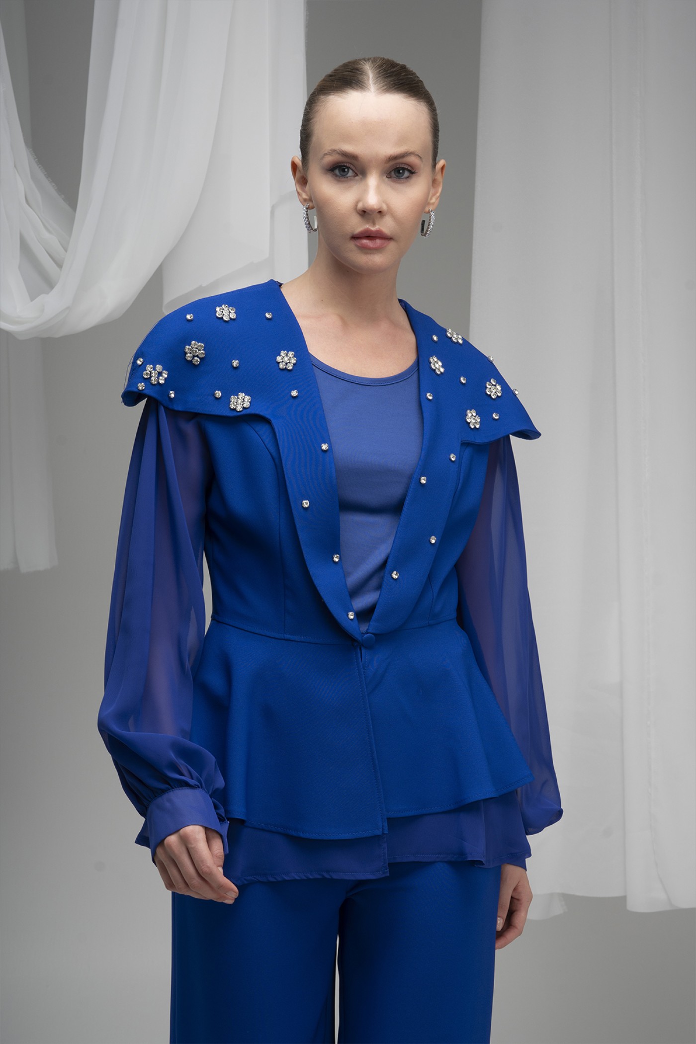 Stone Embellished Atlas Fabric Blazer