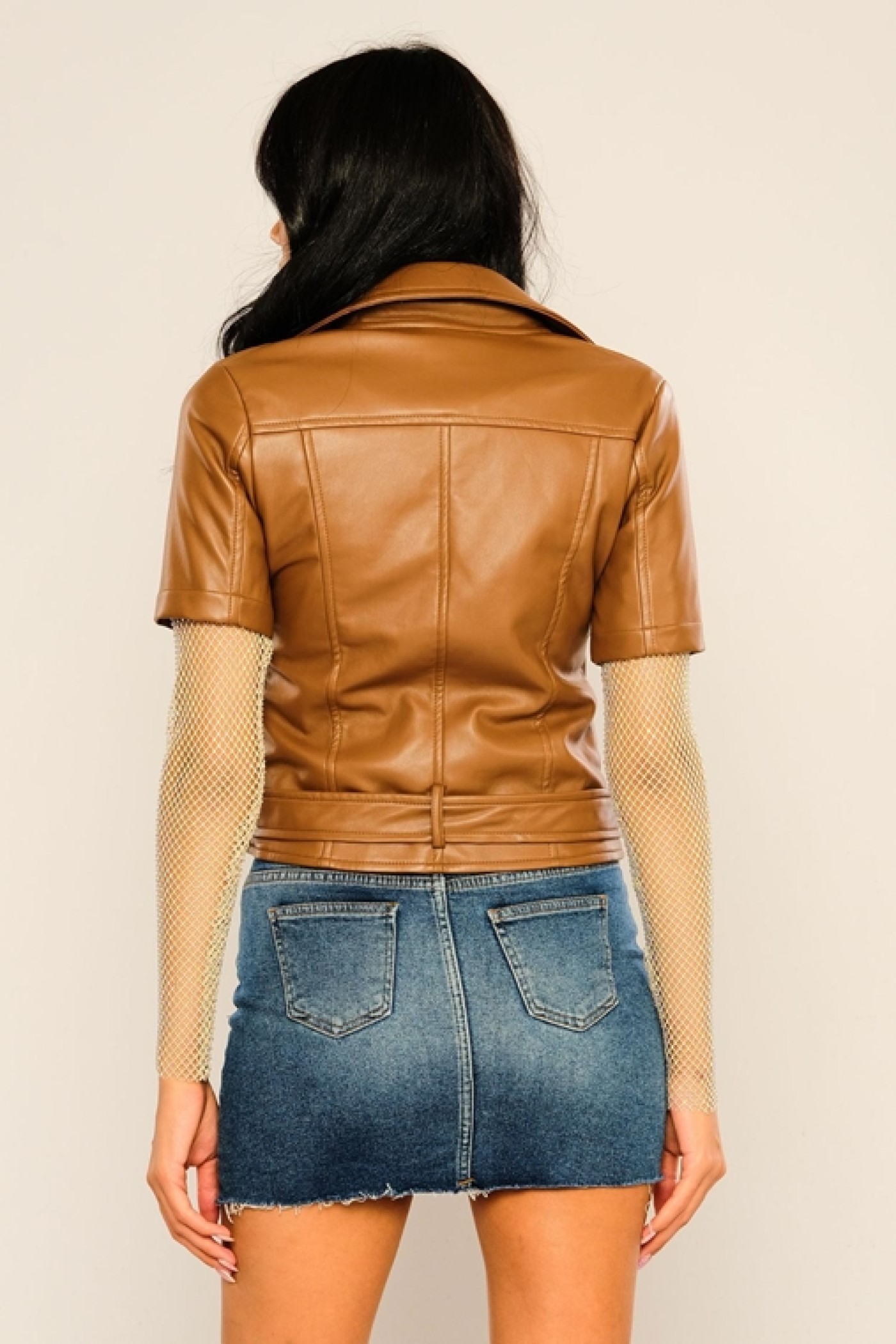 Leather Jacket with Mesh Detail on Sleeves Leather Jacket with Mesh Detail on Sleeves