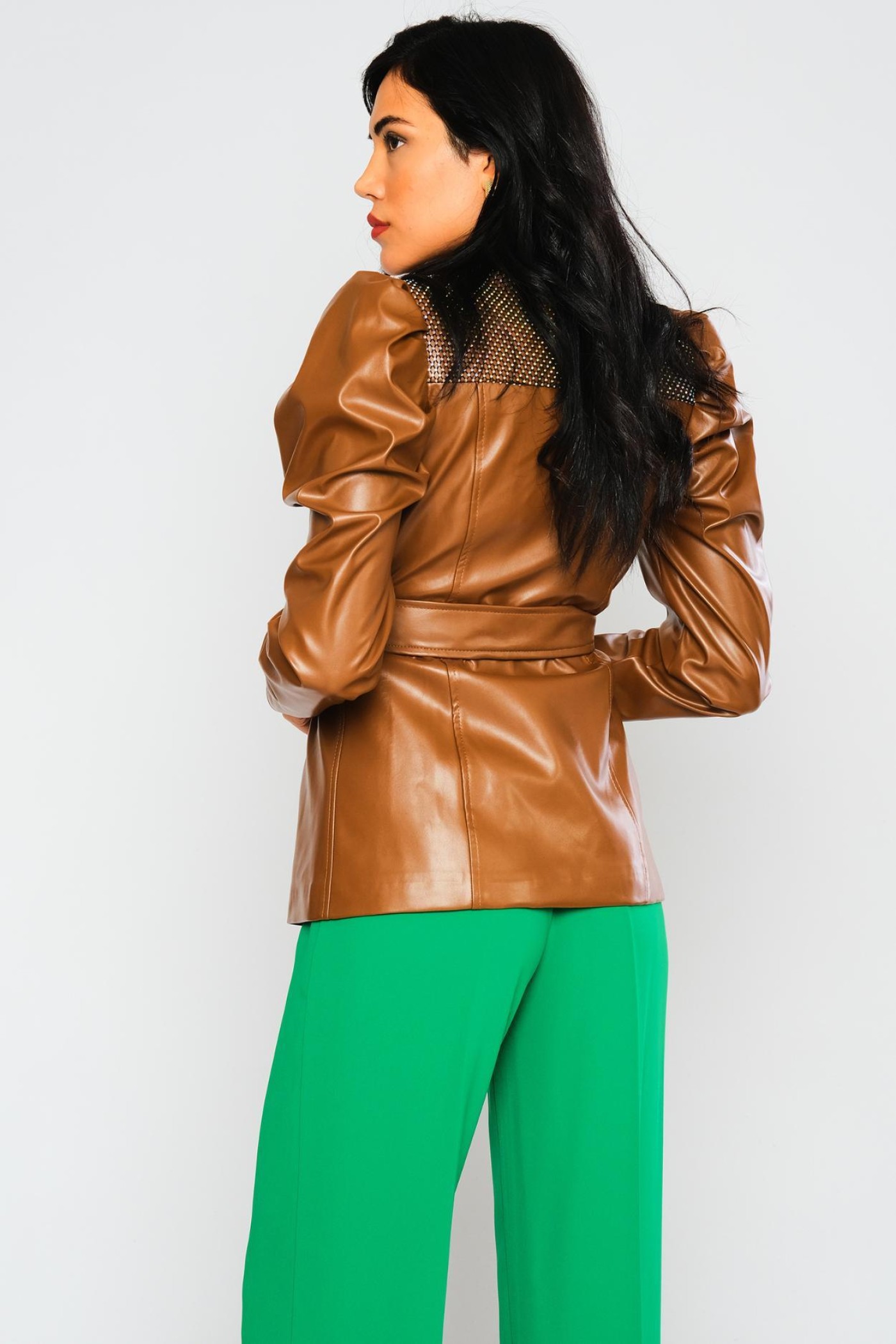 Leather jacket with pleated sleeves